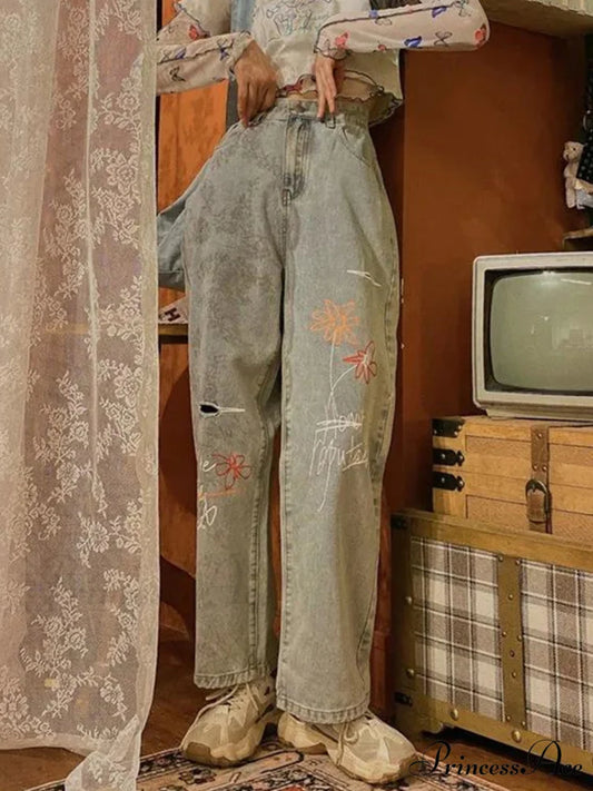 Letter Flower Print Ripped Jeans