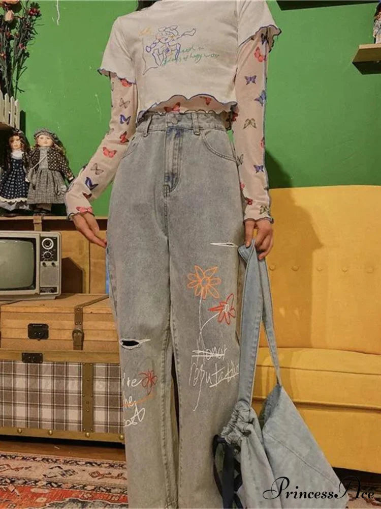 Letter Flower Print Ripped Jeans Print / S