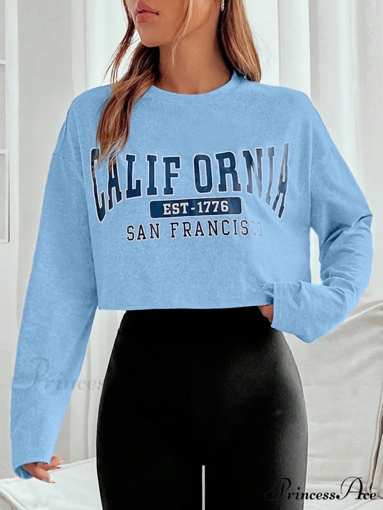 Letter Graphic Drop Shoulder Crop Tee Blue / XS