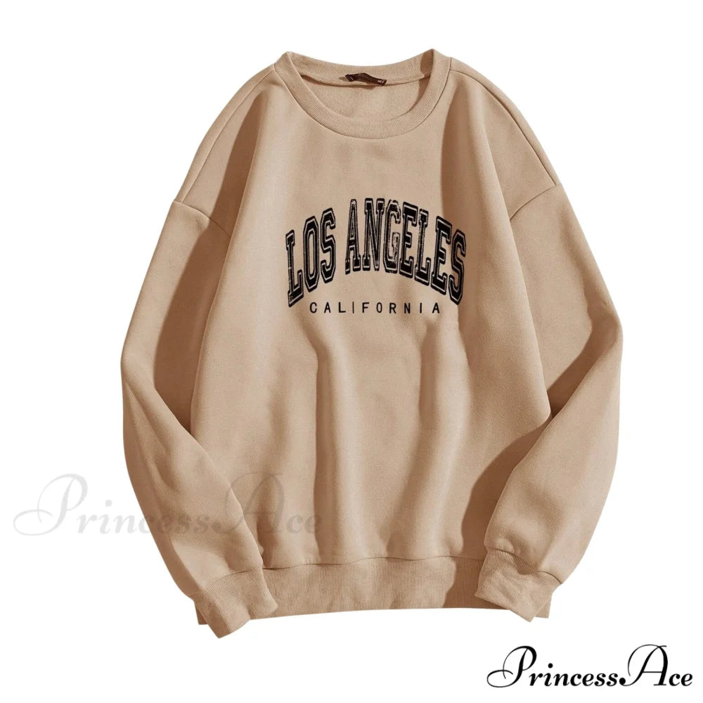 Letter Los Angeles Print Hoody Pullover Coffee / S