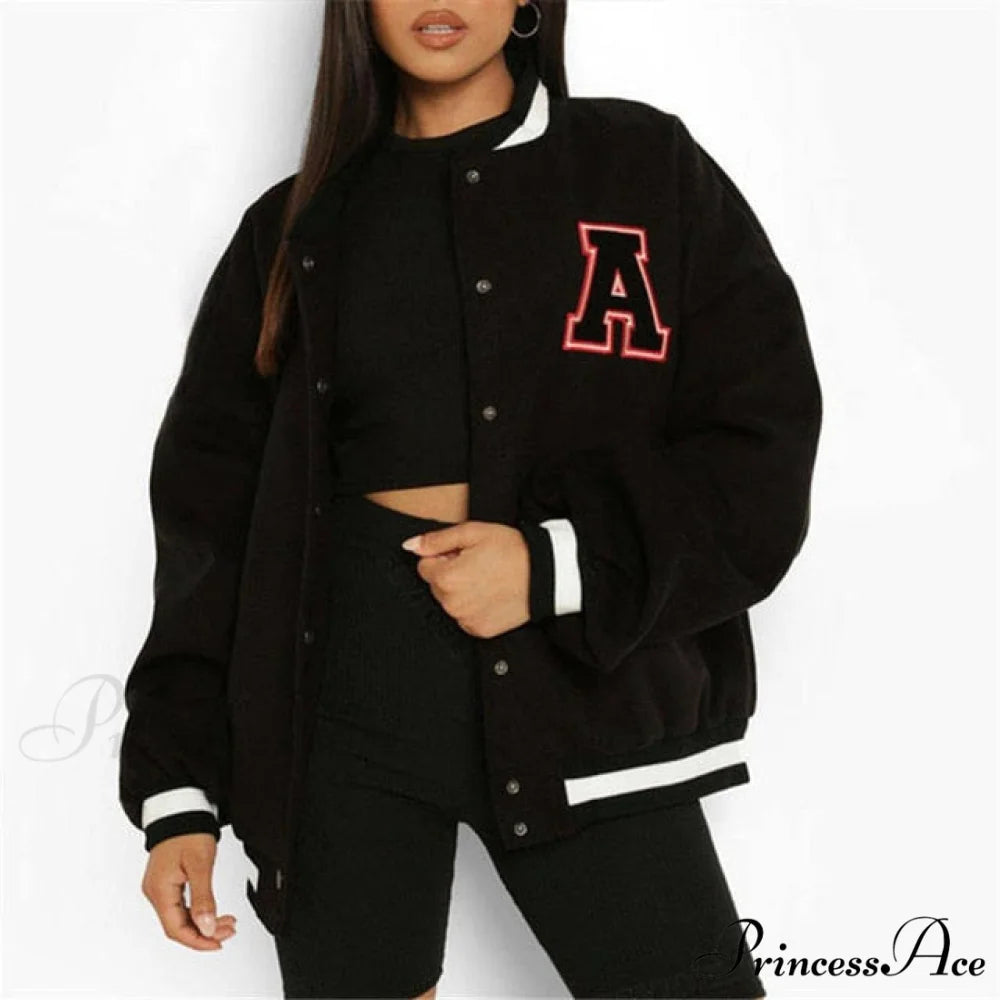 Letter Print Baseball Jacket black A / S