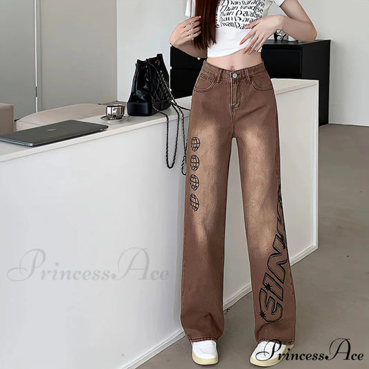 Letter Print Fashion Y2K Demin Jeans Dark Brown / S-40-47kg