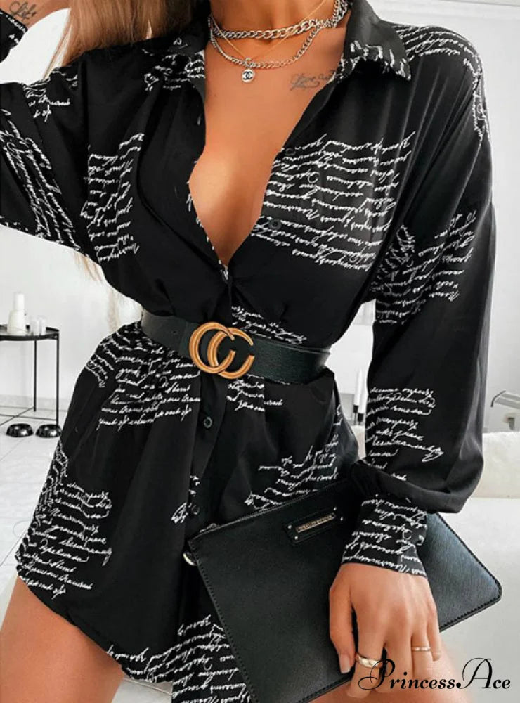 Letter Print Mini Dress with Long Sleeves