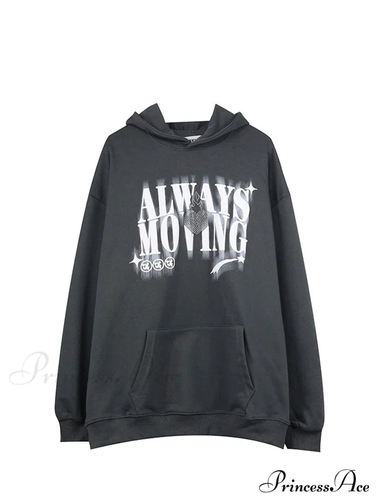 Letter Print Oversize Streetwear Hoody Pullover Dark gray / S