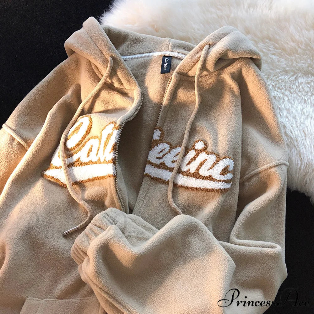 Letter Print Vintage Zip Up Oversize Jacket Camel / S