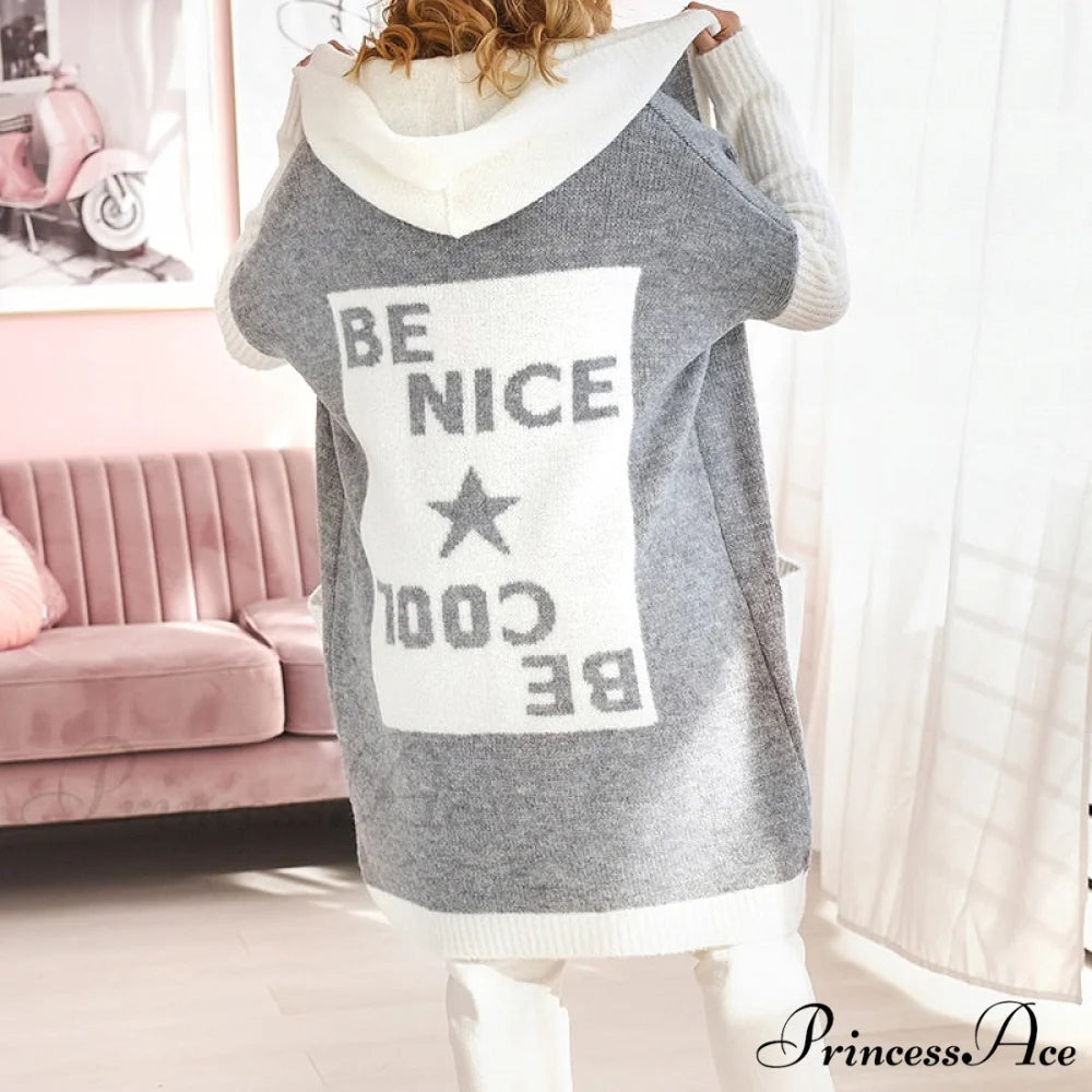 Letter Print Winter Warm Jacket Colorblock Hooded Cardigan 02 Gray / S