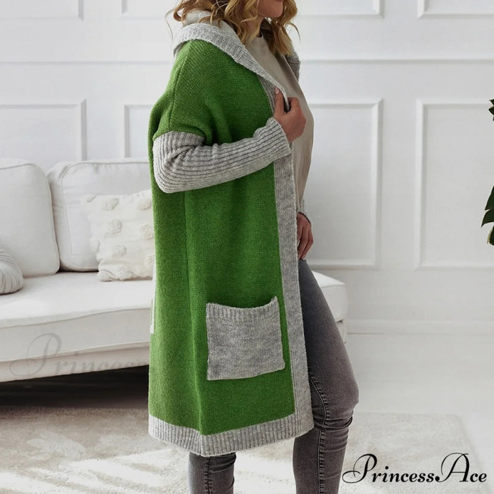 Letter Print Winter Warm Jacket Colorblock Hooded Cardigan 06 Green / S