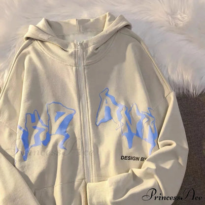 Letter Print Zip Up Hoodies Beige / XS