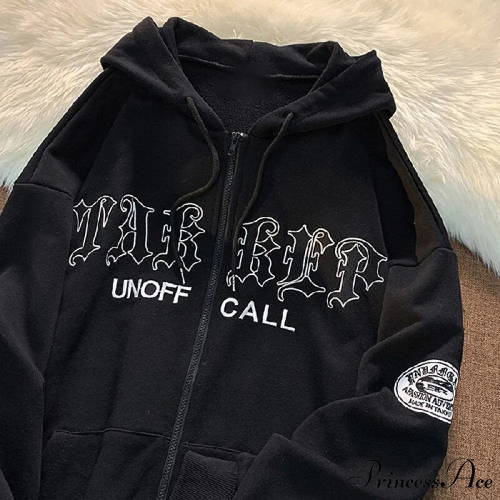 Letter Print Zip Up Hoodies Letter Black / XS