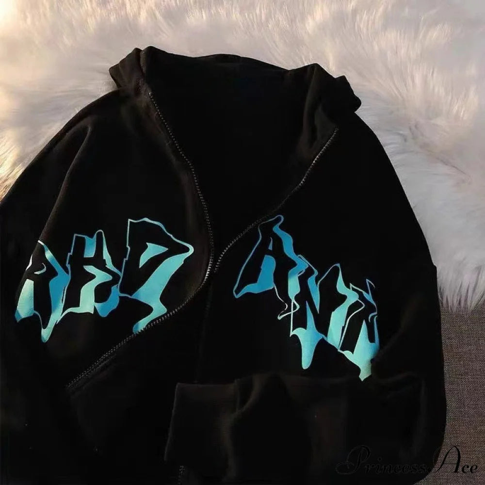 Letter Print Zip Up Hoodies Black / XS