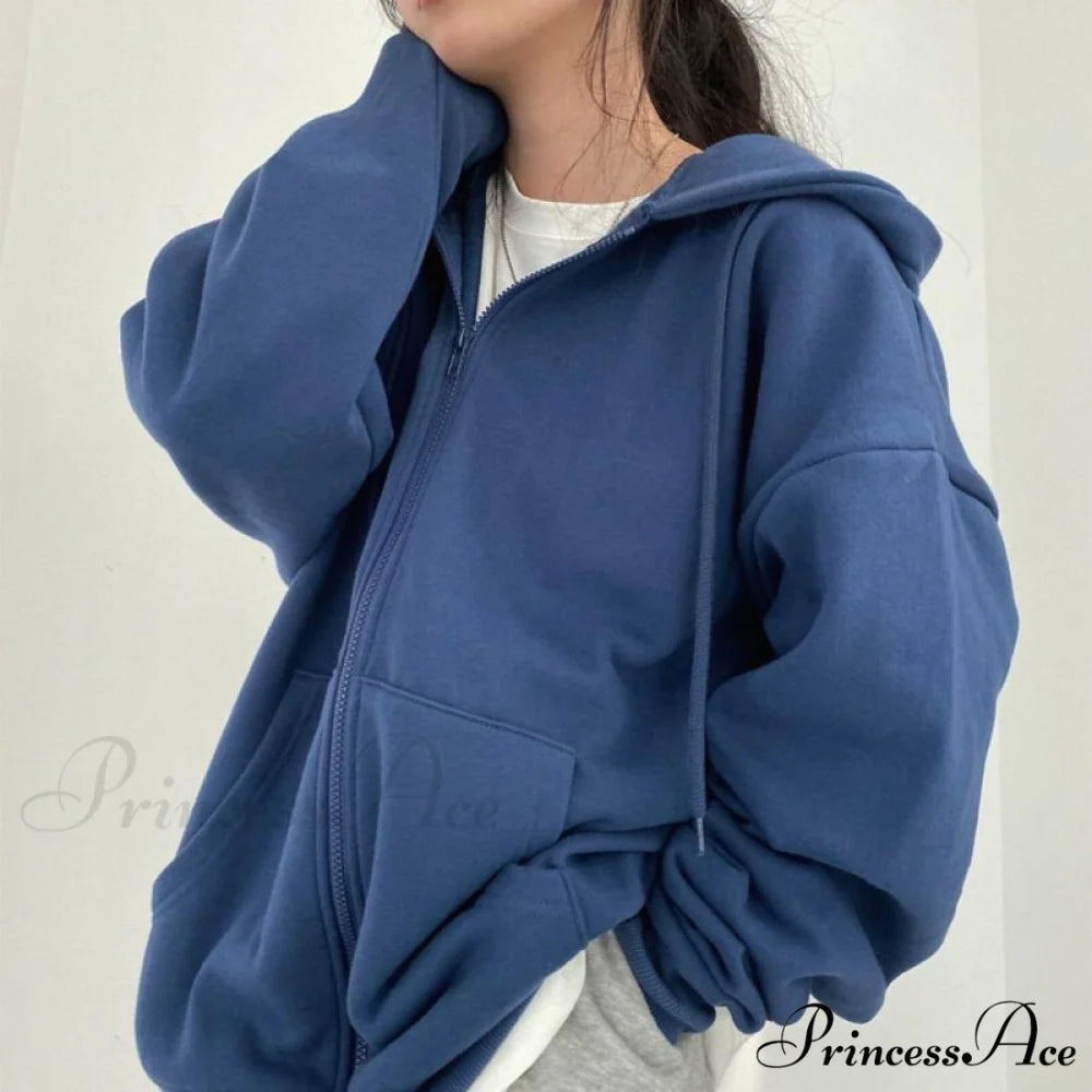 Letter Print Zip Up Hoodies Blue / XS