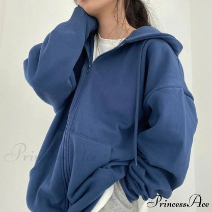 Letter Print Zip Up Hoodies Blue / XS Sweatshirts & Hoodies-L