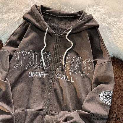 Letter Print Zip Up Hoodies Brown / XS Sweatshirts & Hoodies-L