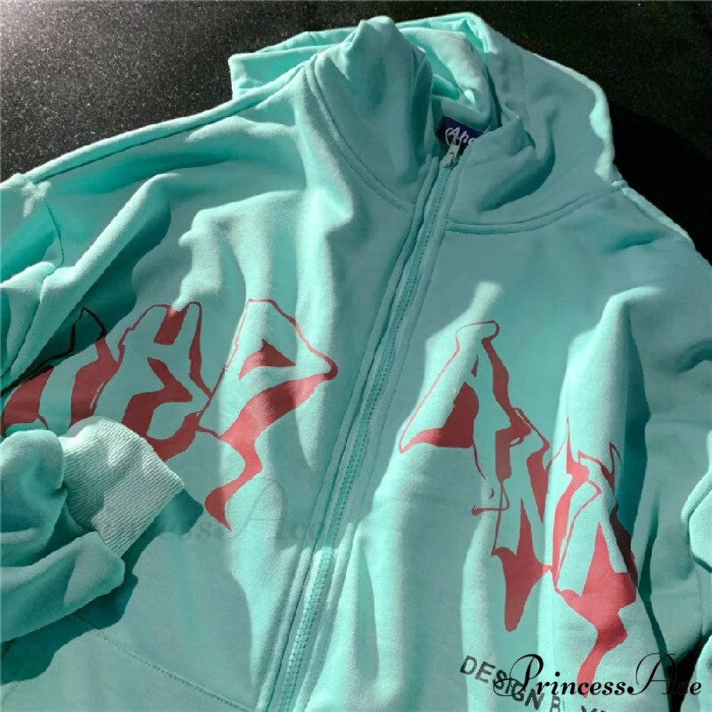 Letter Print Zip Up Hoodies Green / XS