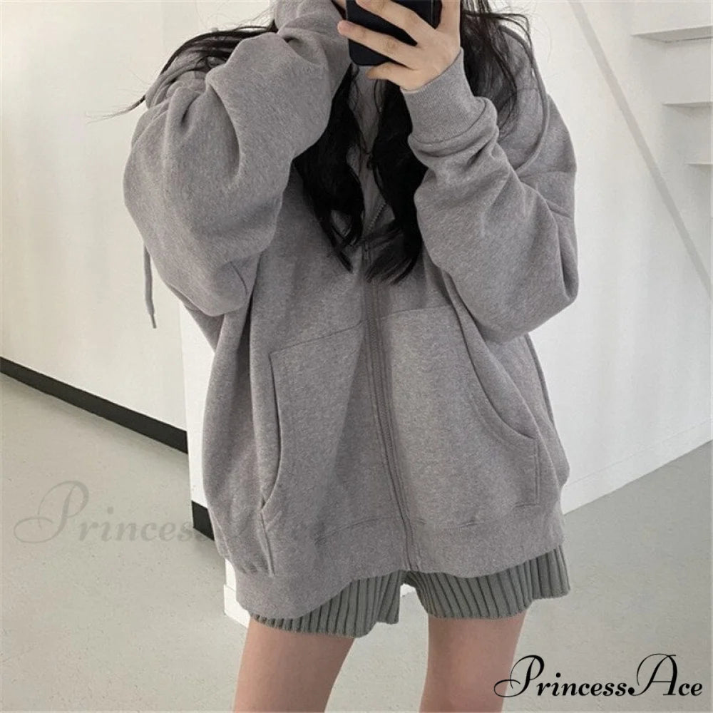 Letter Print Zip Up Hoodies Grey / XS