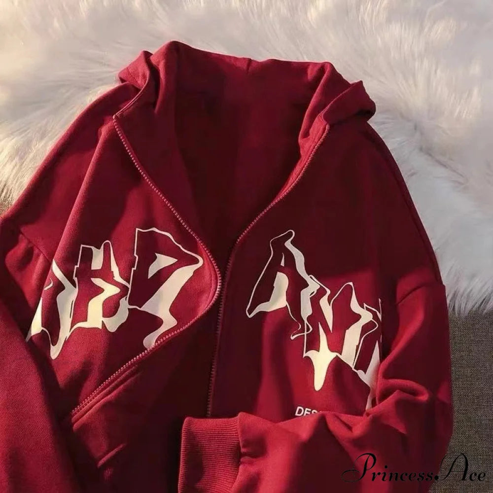 Letter Print Zip Up Hoodies Red / XS