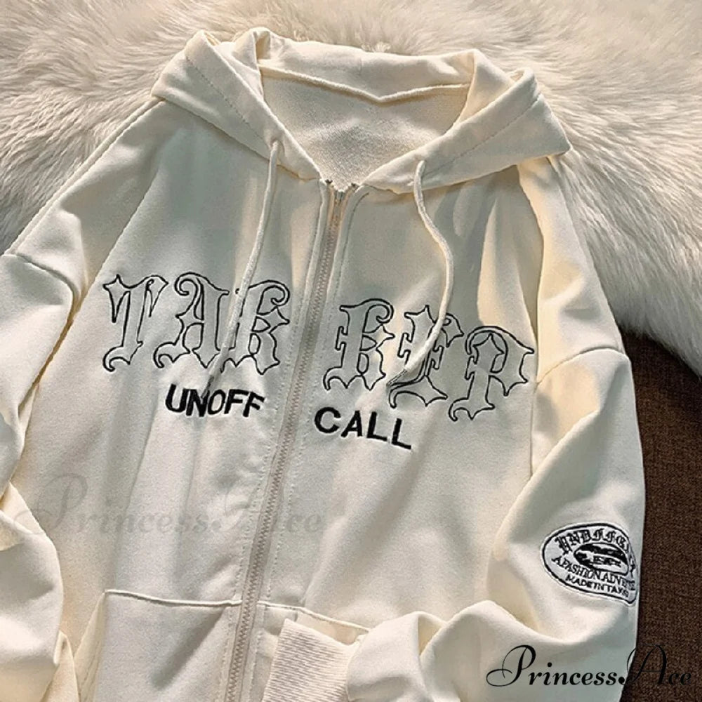 Letter Print Zip Up Hoodies White / XS