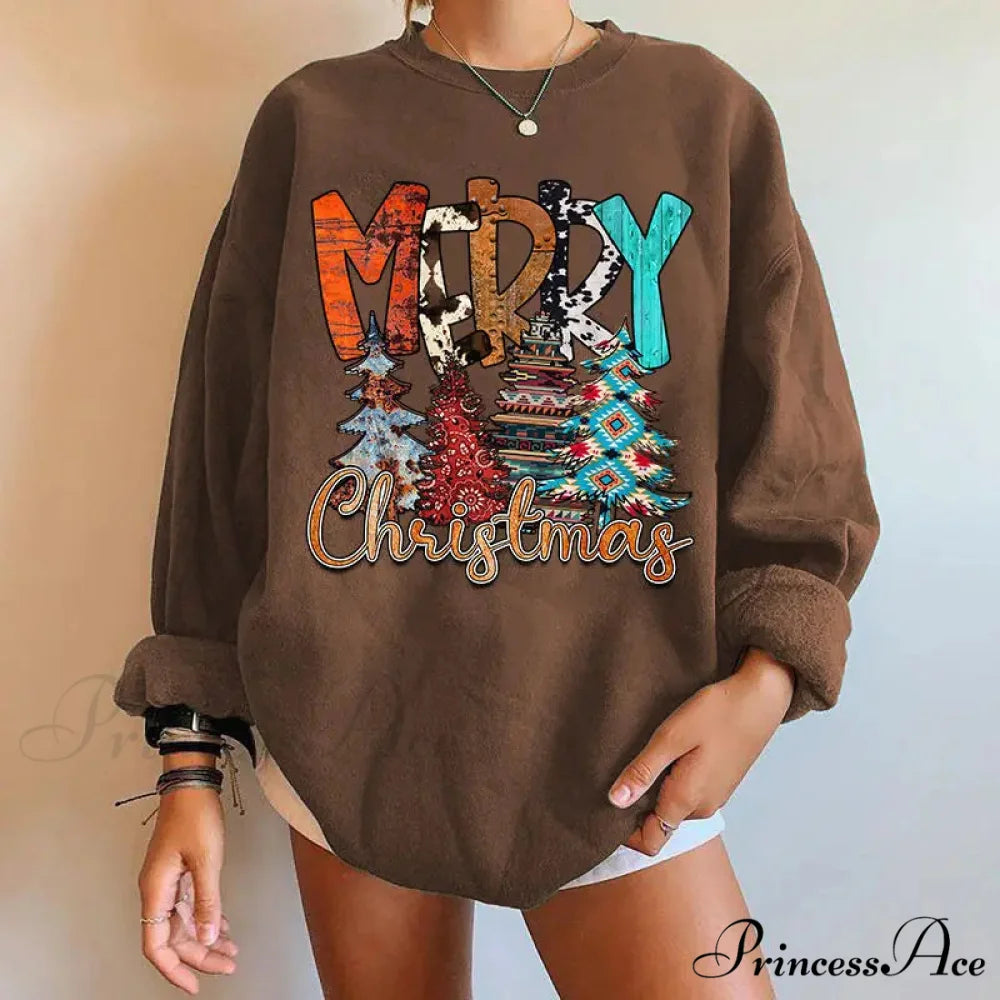 Letter Tree Print Round Neck Fleece Anime Christmas Hoodie - Large Size COFFEE / S Christmas Hoodies-L