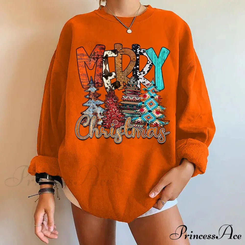 Letter Tree Print Round Neck Fleece Anime Christmas Hoodie - Large Size ORANGE / S Christmas Hoodies-L
