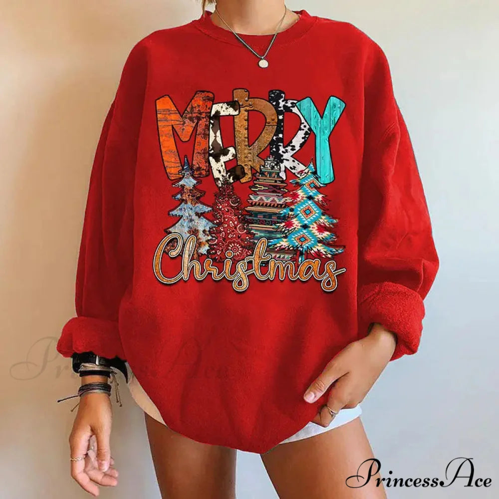 Letter Tree Print Round Neck Fleece Anime Christmas Hoodie - Large Size RED / S Christmas Hoodies-L