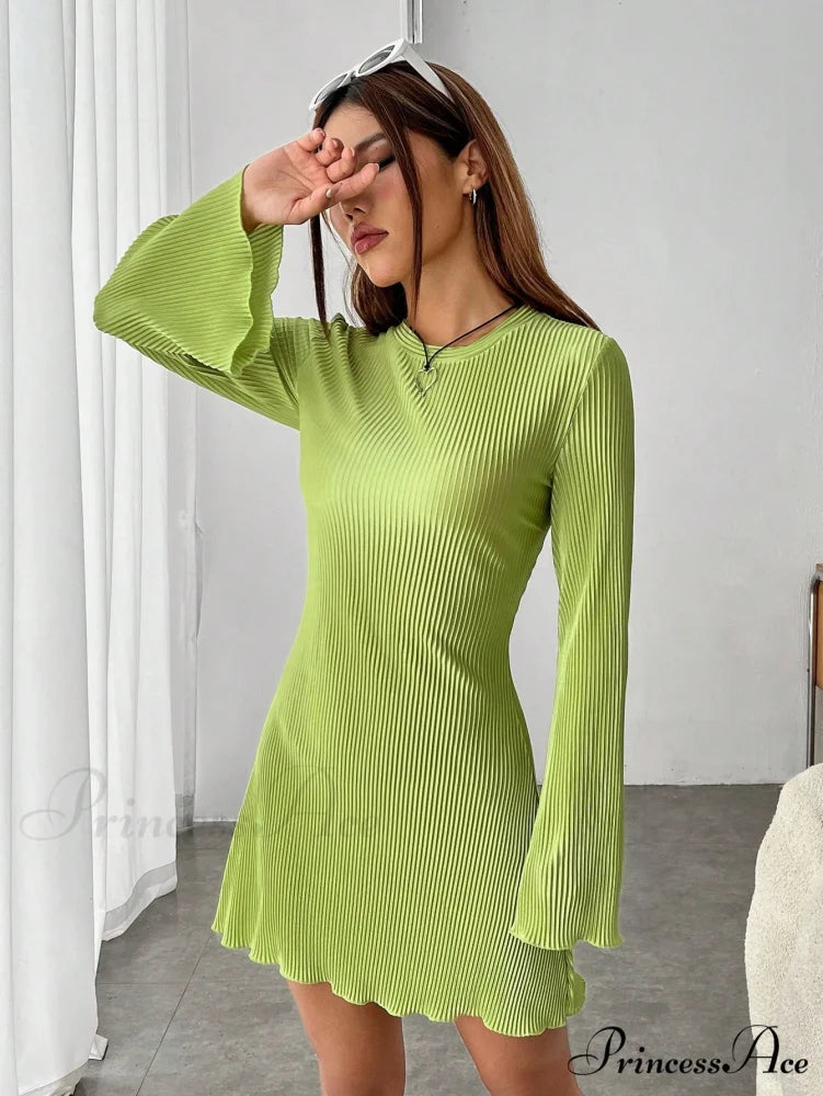 Lettuce Trim Trumpet Sleeve Ribbed Knit Dress