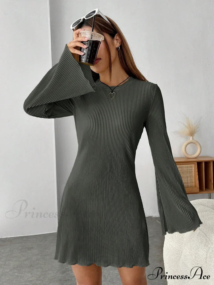 Lettuce Trim Trumpet Sleeve Ribbed Knit Dress Dark Grey / XS
