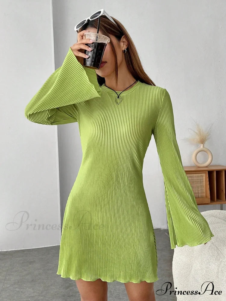Lettuce Trim Trumpet Sleeve Ribbed Knit Dress Lime Green / XS