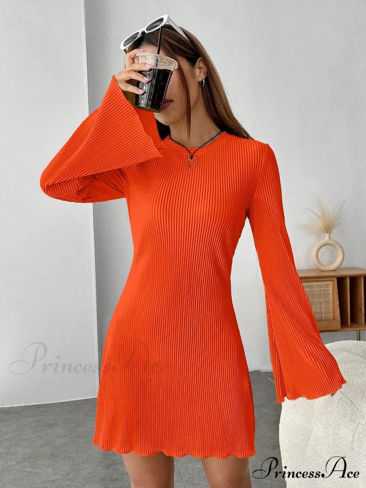 Lettuce Trim Trumpet Sleeve Ribbed Knit Dress Orange / XS