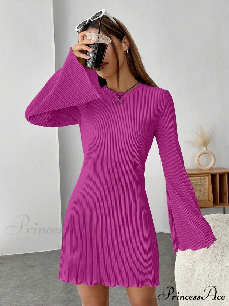 Lettuce Trim Trumpet Sleeve Ribbed Knit Dress Red Violet / XS
