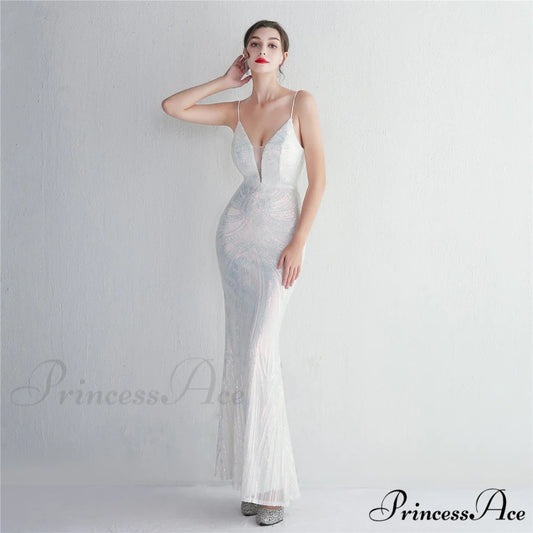 Liana Formal Sequin Charming Scroll Mermaid Dress WHITE / S