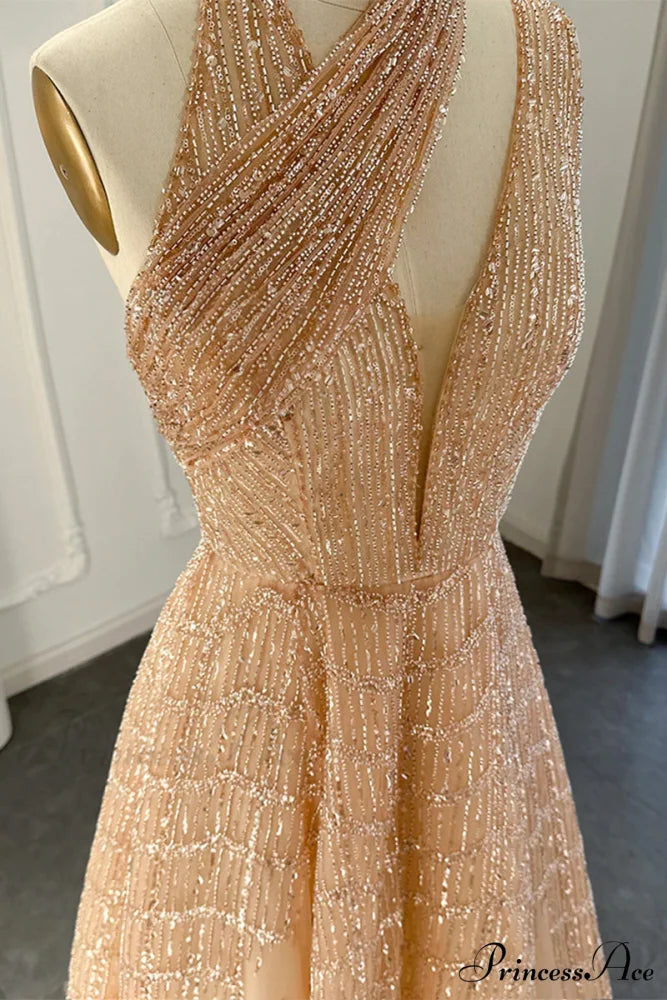 Lifelong Romance Beaded Trendy Sequin Halter Maxi Dress