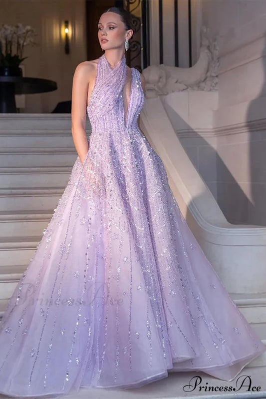 Lifelong Romance Beaded Trendy Sequin Halter Maxi Dress Lilac / 2