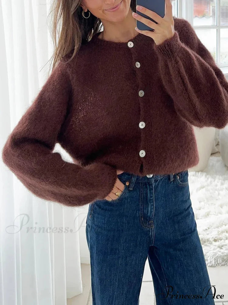 Light Long Sleeve Solid Knit Cardigan brown / S cardigans-241228