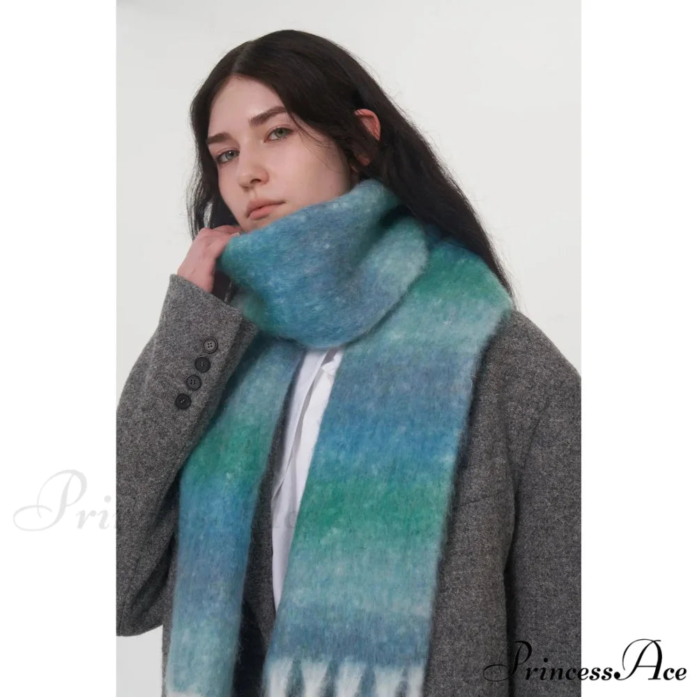 Light Luxury Gradient Color Wool Striped Fringed Mohair Scarf blue / L221cm W24cm