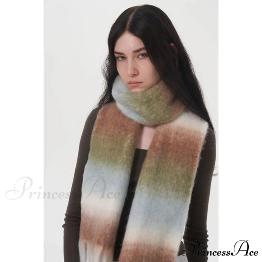 Light Luxury Gradient Color Wool Striped Fringed Mohair Scarf brown / L221cm W24cm