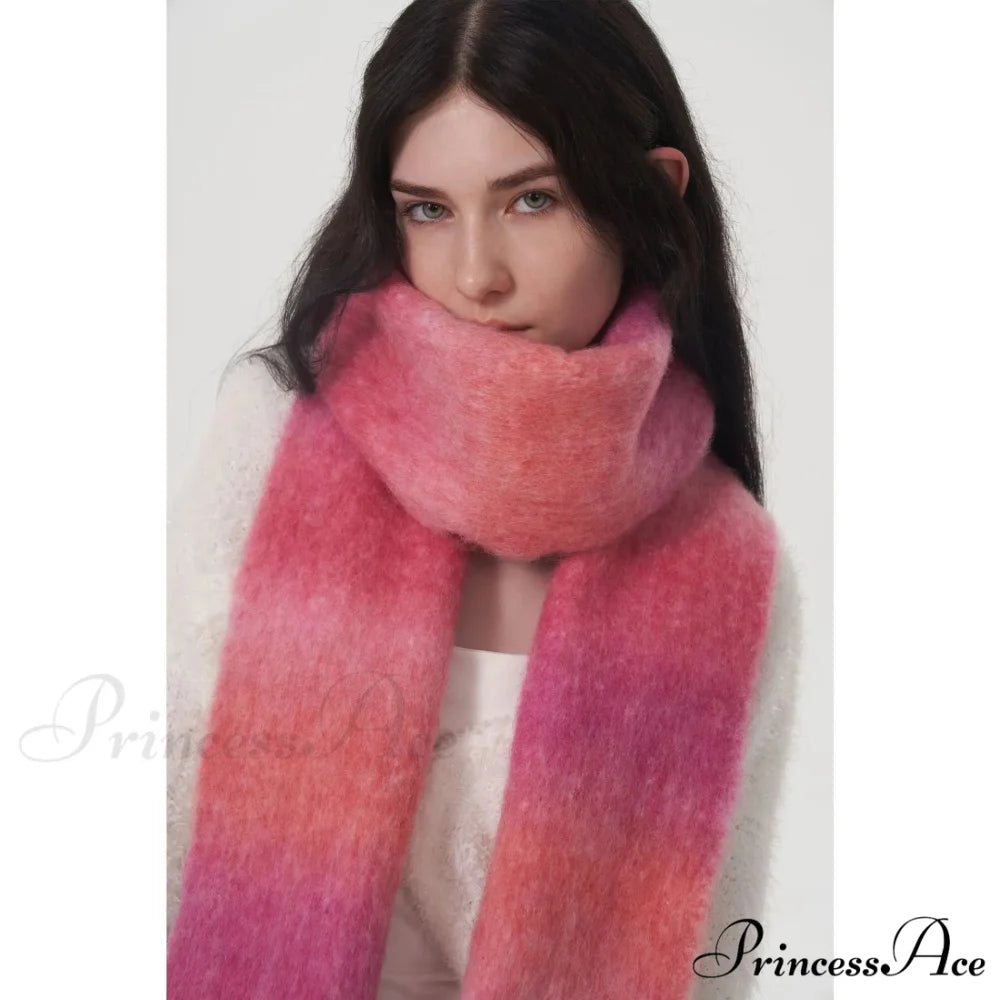 Light Luxury Gradient Color Wool Striped Fringed Mohair Scarf pink / L221cm W24cm