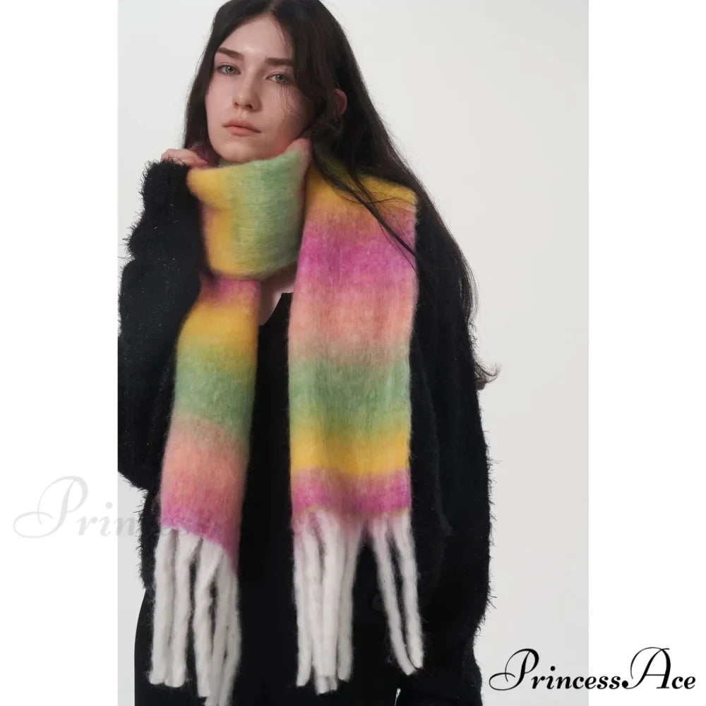 Light Luxury Gradient Color Wool Striped Fringed Mohair Scarf purple / L221cm W24cm