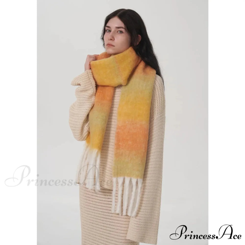 Light Luxury Gradient Color Wool Striped Fringed Mohair Scarf yellow orange / L221cm W24cm