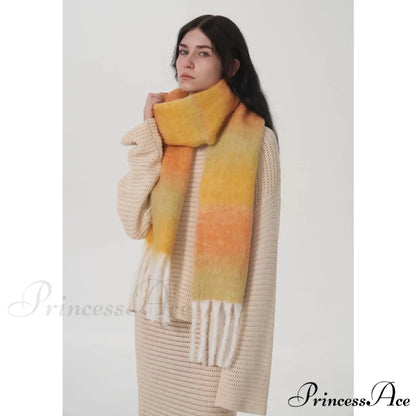Light Luxury Gradient Color Wool Striped Fringed Mohair Scarf yellow orange / L221cm W24cm