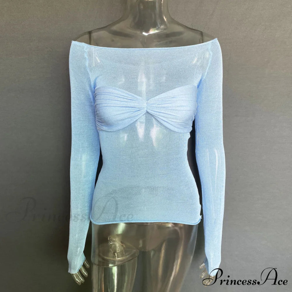 Lightweight T-Shirt Fashion See-Through Neck Women’s Top Sky blue azure / S