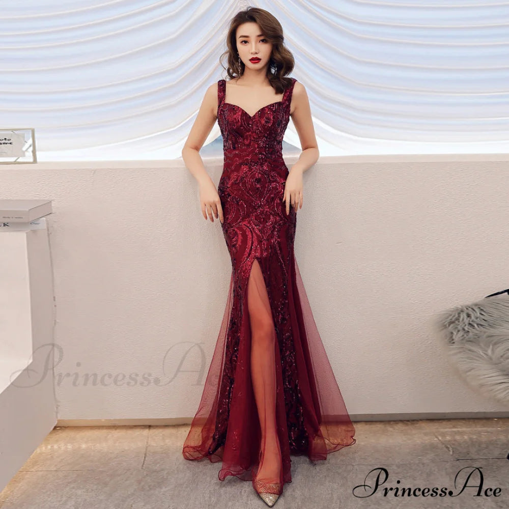 Lily Embroidered Sequin Charming Formal Evening Gown BURGUNDY / XS
