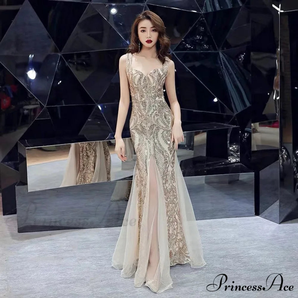 Lily Embroidered Sequin Charming Formal Evening Gown GOLD / XS