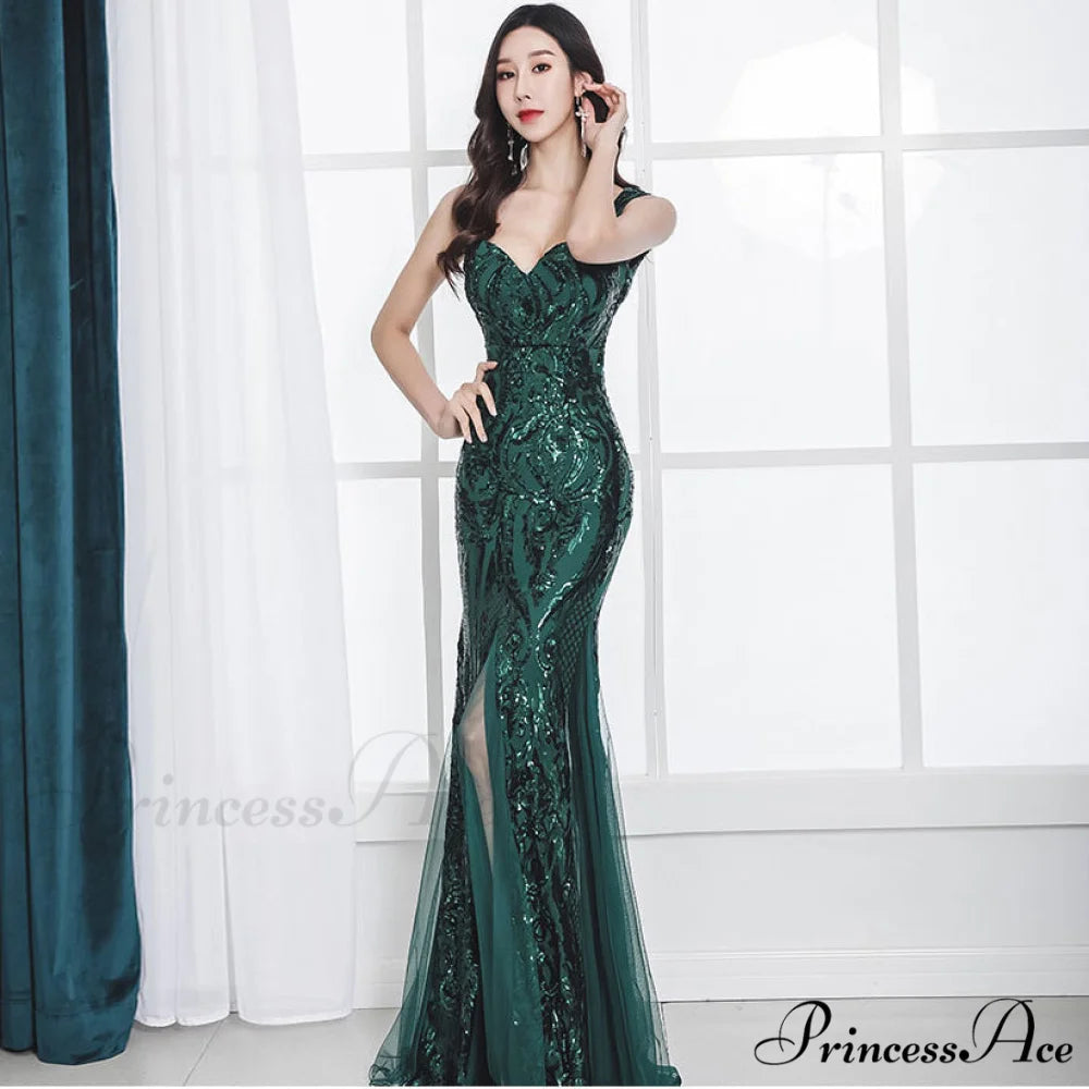 Lily Embroidered Sequin Charming Formal Evening Gown HUNTER / XS