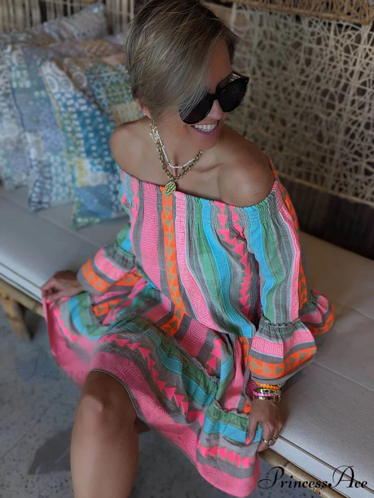 Linen Blend Ethnic Print Graceful Off Shoulder Loose Mini Dress