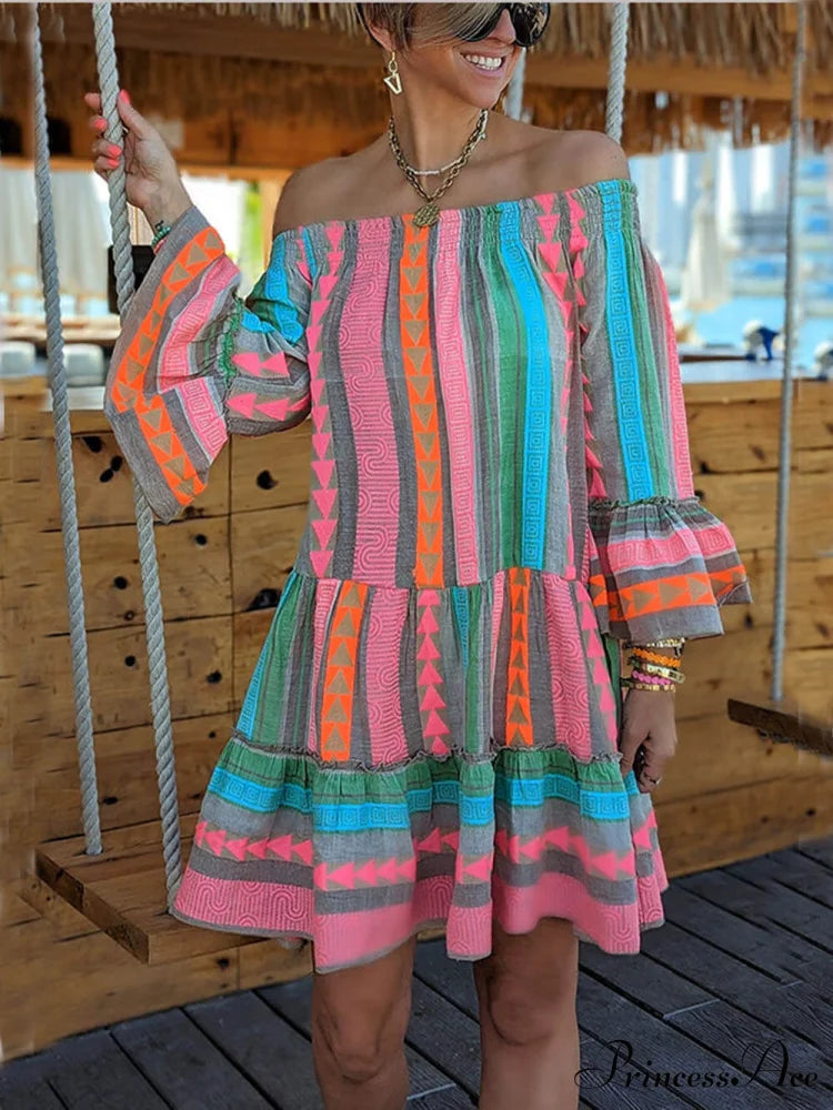 Linen Blend Ethnic Print Graceful Off Shoulder Loose Mini Dress Blue / S