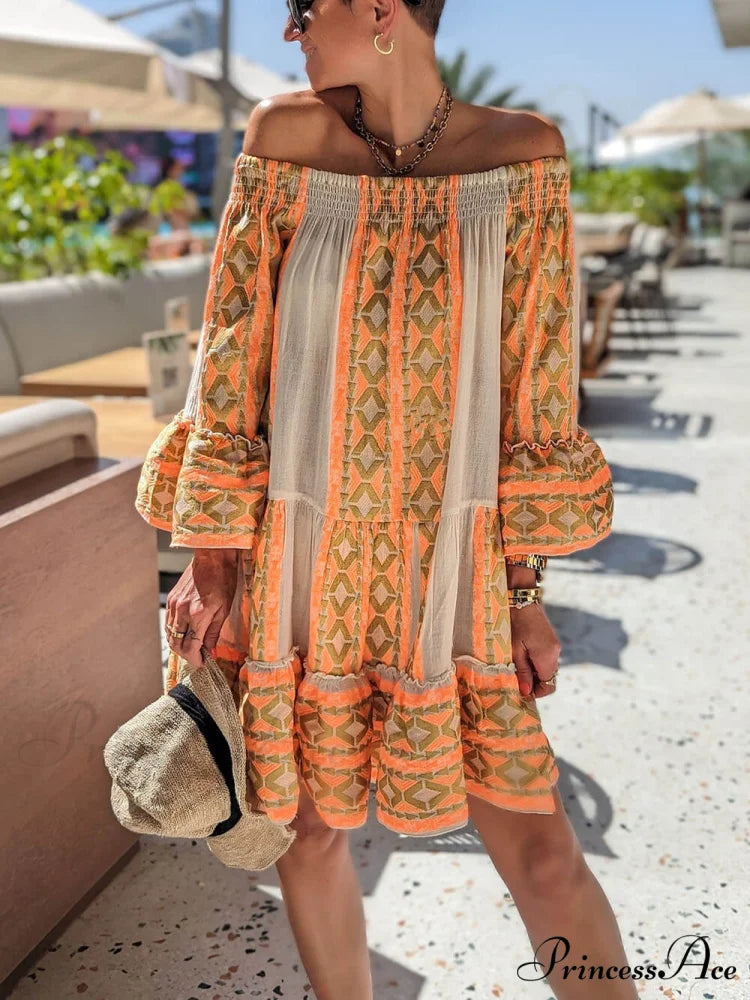 Linen Blend Ethnic Print Graceful Off Shoulder Loose Mini Dress Orange / S