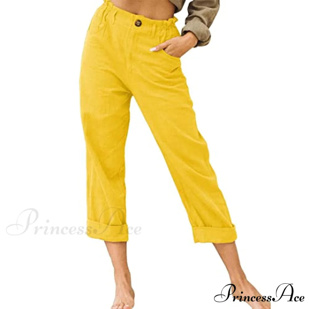 Linen Buttons Cropped Pants High Elastic Waist Stretch Capris