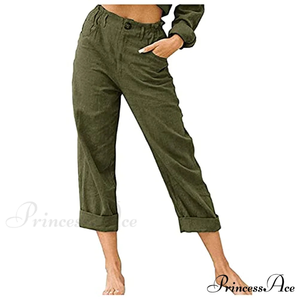 Linen Buttons Cropped Pants High Elastic Waist Stretch Capris