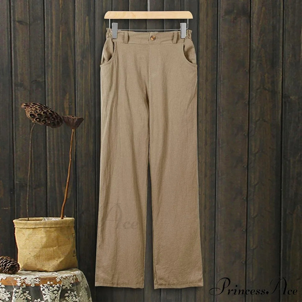Linen Buttons Cropped Pants High Elastic Waist Stretch Capris