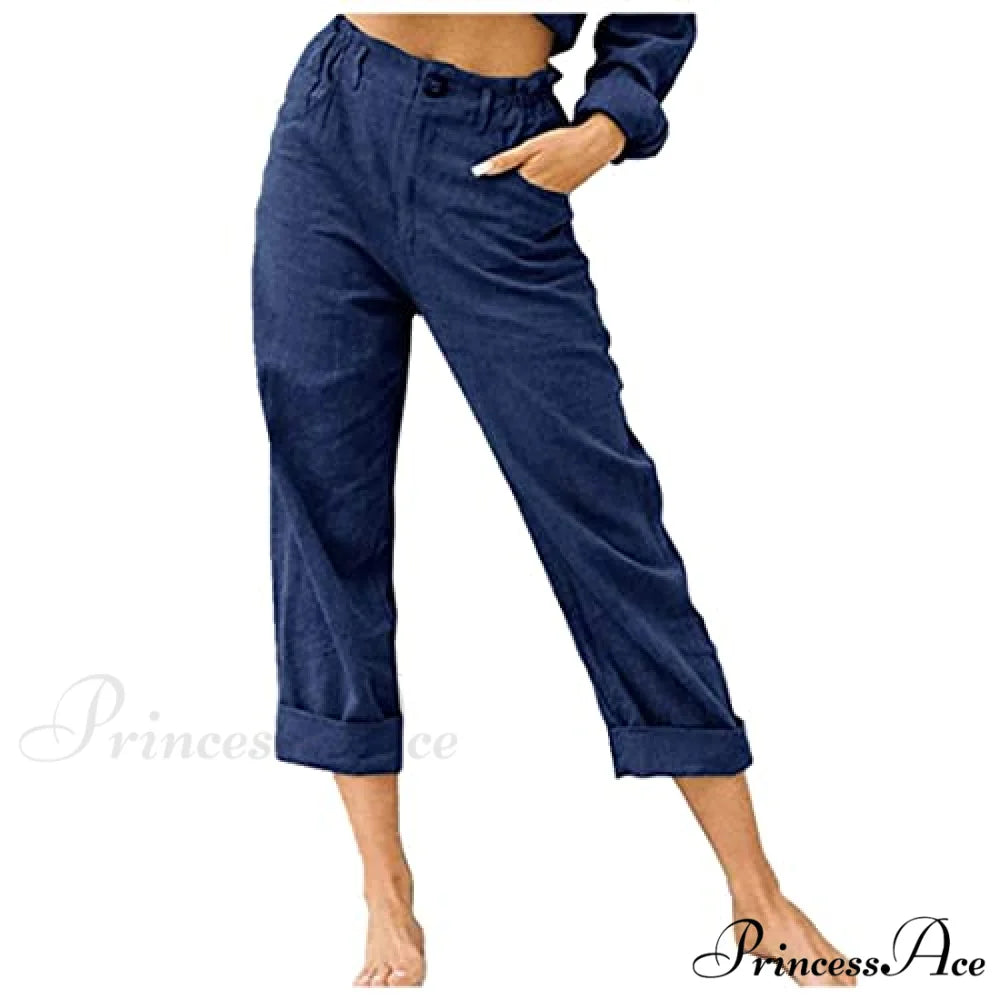 Linen Buttons Cropped Pants High Elastic Waist Stretch Capris